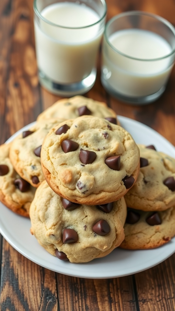 A delicious stack of chocolate chip cookies on a plate, next to a glass of milk.
